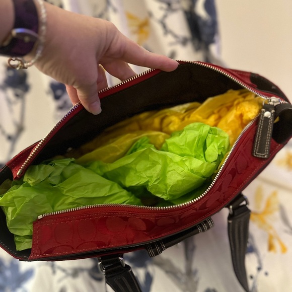 Coach Red Signature Hampton Satchel Handbag Red Leather Trim STYLE F13975. - Picture 8 of 16